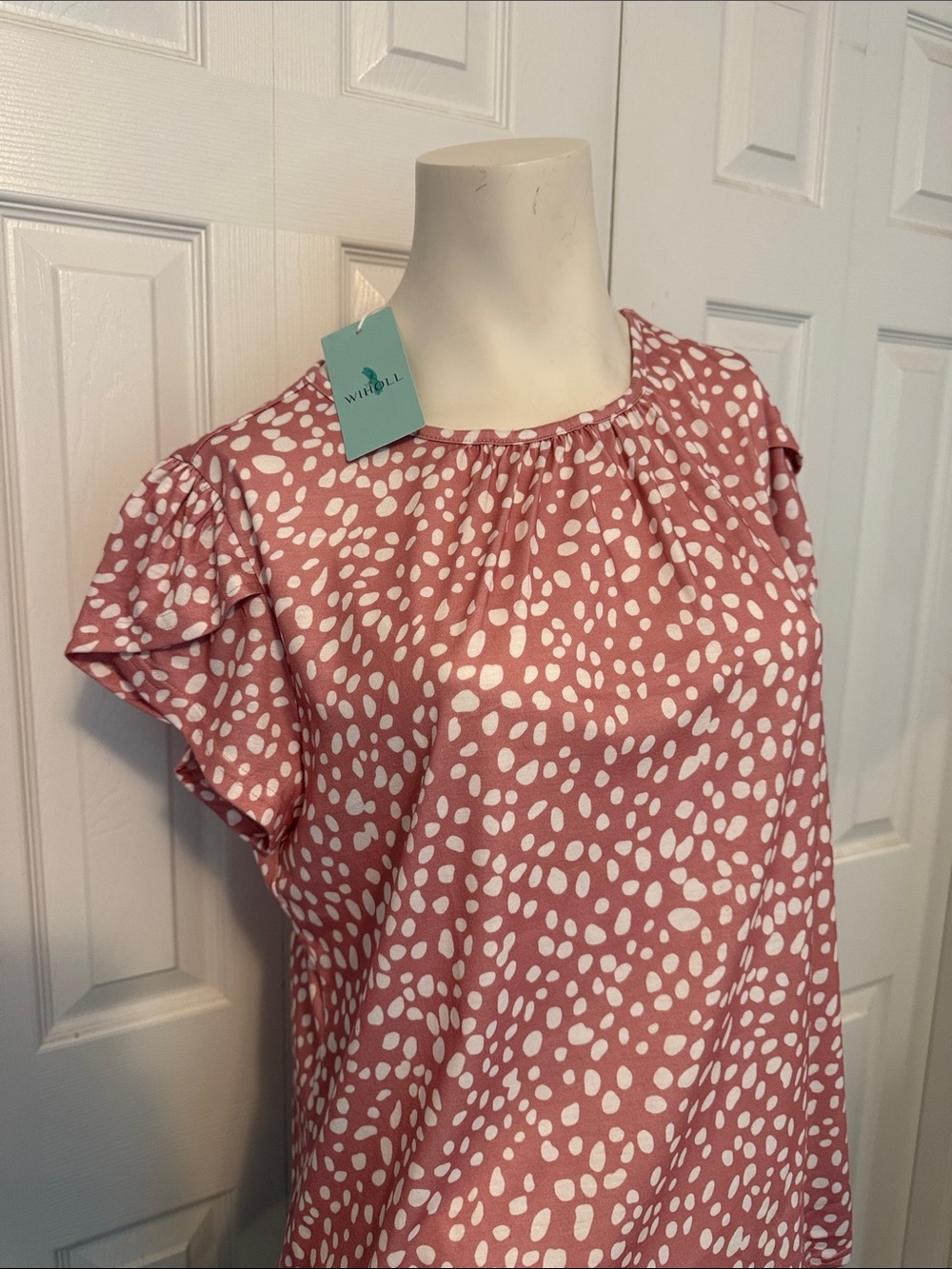 Womens Pink Polka Dot Short Sleeve Ruffle Sleeves Blouse